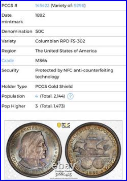 1892 Columbian Expo Commem. Half Dollar PCGS MS 64 TONING RPD FS-302