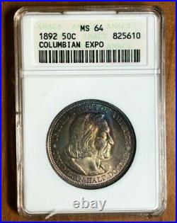 1892 Columbian Expo. Half-dollar Silver Uncirculated Coin Certified Anacs-ms64