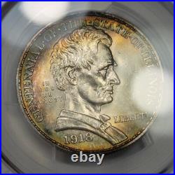1918 50c Lincoln Commemorative Half Dollar PCGS MS65 RAINBOW TONED Nice J911 1918 50c Lincoln Commemorative Half Dollar PCGS MS65 RAINBOW TONED Nice J911