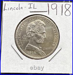 1918 50c Lincoln Illinois Classic Commemorative Silver Half Dollar Coin AU