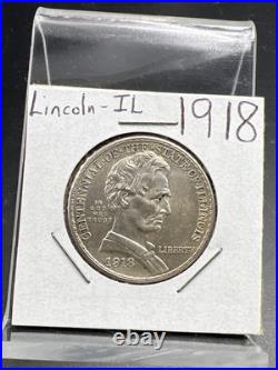 1918 50c Lincoln Illinois Classic Commemorative Silver Half Dollar Coin AU