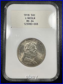 1918 Lincoln Commemorative Half Dollar 50c NGC MS64 Rare White Label Holder
