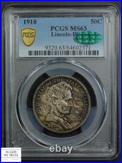 1918 Lincoln Illinois Commemorative Silver Half Dollar PCGS MS 63 CAC (TONED!)