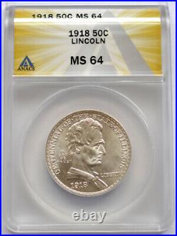 1918 US Mint Lincoln Silver Commemorative Half Dollar Coin 50 Cent ANACS MS 64 1