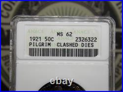 1921 Commemorative PILGRIM Half Dollar 50c ANACS MS62 #322 CLASHED DIES