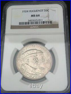 1924 Huguenot Commemorative Silver Half Dollar Ngc Ms 64