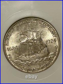 1924 Huguenot-Walloon Silver Half Dollar NGC MS64 Fatty Holder/Rustic Toning