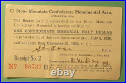 1925 Stone Mountain Half Dollar Saint Rose Bank Subscriber Receipt #2 dated 1925