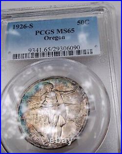 1926 S Pcgs Ms65 Rainbow Color Toned Oregon Trail Silver Half Dollar Choice Gem