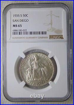 1935 S San Diego 50C Commemorative Silver Half Dollar, NGC MS65, NICE COIN