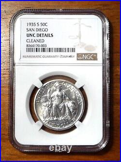 1935-S San Diego Commemorative Silver Half Dollar NGC CLEANED UNC DETAILS