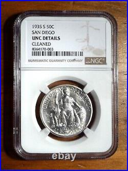 1935-S San Diego Commemorative Silver Half Dollar NGC CLEANED UNC DETAILS