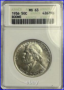 1936 50C Boone Commemorative Silver Half Dollar ANACS MS 63