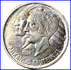 1936 Arkansas Commemorative Half Dollar, Uncirculated, Toned & Good Luster