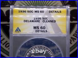 1936 Commemorative DELAWARE Silver Half Dollar 50c ANACS MS60 Unc Detail #686