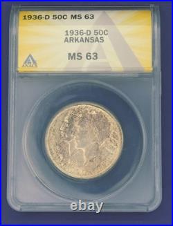1936 D ARKANSAS COMMEMORATIVE HALF DOLLAR, ANACS Graded as MS 63, Rare 50¢ 1936 D ARKANSAS COMMEMORATIVE HALF DOLLAR, ANACS Graded as MS 63, Rare 50¢