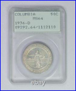 1936 D Columbia Commemorative half dollar PCGS graded MS64 OGH Rattler holder