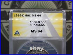 1936 D Commemorative ARKANSAS Silver Half Dollar 50c ANACS MS64 #013 BU ECC&C