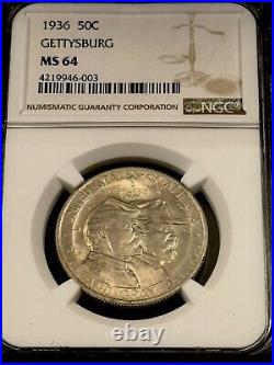 1936 GETTYSBURG SILVER COMMEMORATIVE HALF DOLLAR NGC MS64 Gem In Display Box