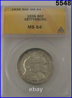 1936 Gettysburg Commemorative Half Dollar Anacs Certified Ms64 Flashy #5548