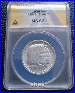 1936 Long Island Commemorative Half Dollar ANACS MS 63