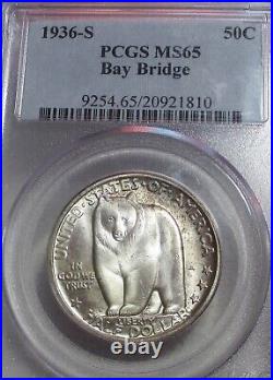 1936-S BAY BRIDGE COMMEMORATIVE SILVER HALF DOLLAR 50c PCGS MS65 RARE US COIN