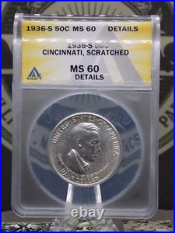 1936 S Commemorative CINCINNATI Half Dollar 50c ANACS MS60 Unc Details #235