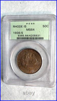 1936 S Rhode Island Pcgs Ms64 Ogh Commemorative Half Toned 50c Coin