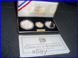 1994 World Cup 3 Coin Commemorative Set With $5.00 Gold And Silver Dollar & Half