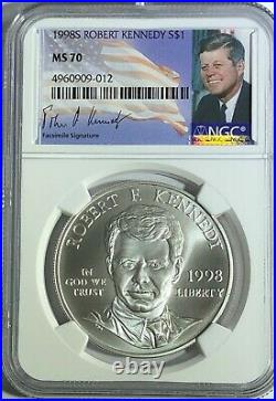 1998 S $1 Robert F Kennedy Ngc Ms70 Rfk Silver Commemorative Dollar Coin Unc