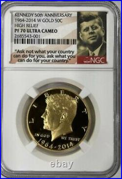 2014-W Kennedy 50th Anniversary High Relief Proof Gold Half Dollar NGC PF70