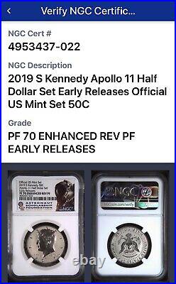 2019-S Apollo 11 50th Anniversary Set Reverse Proof Kennedy Half Dollar NGC PF70