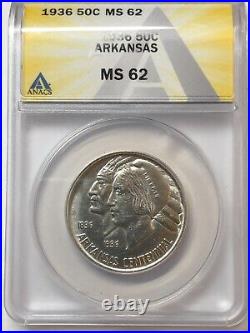 US 1936 Arkansas Commemorative Half Dollar 50 Cent Silver Coin, ANACS MS62